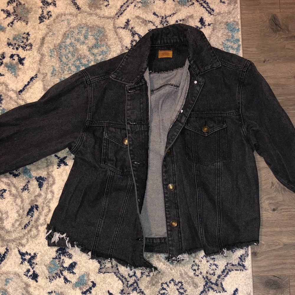 Black distressed jean jacket (size large)